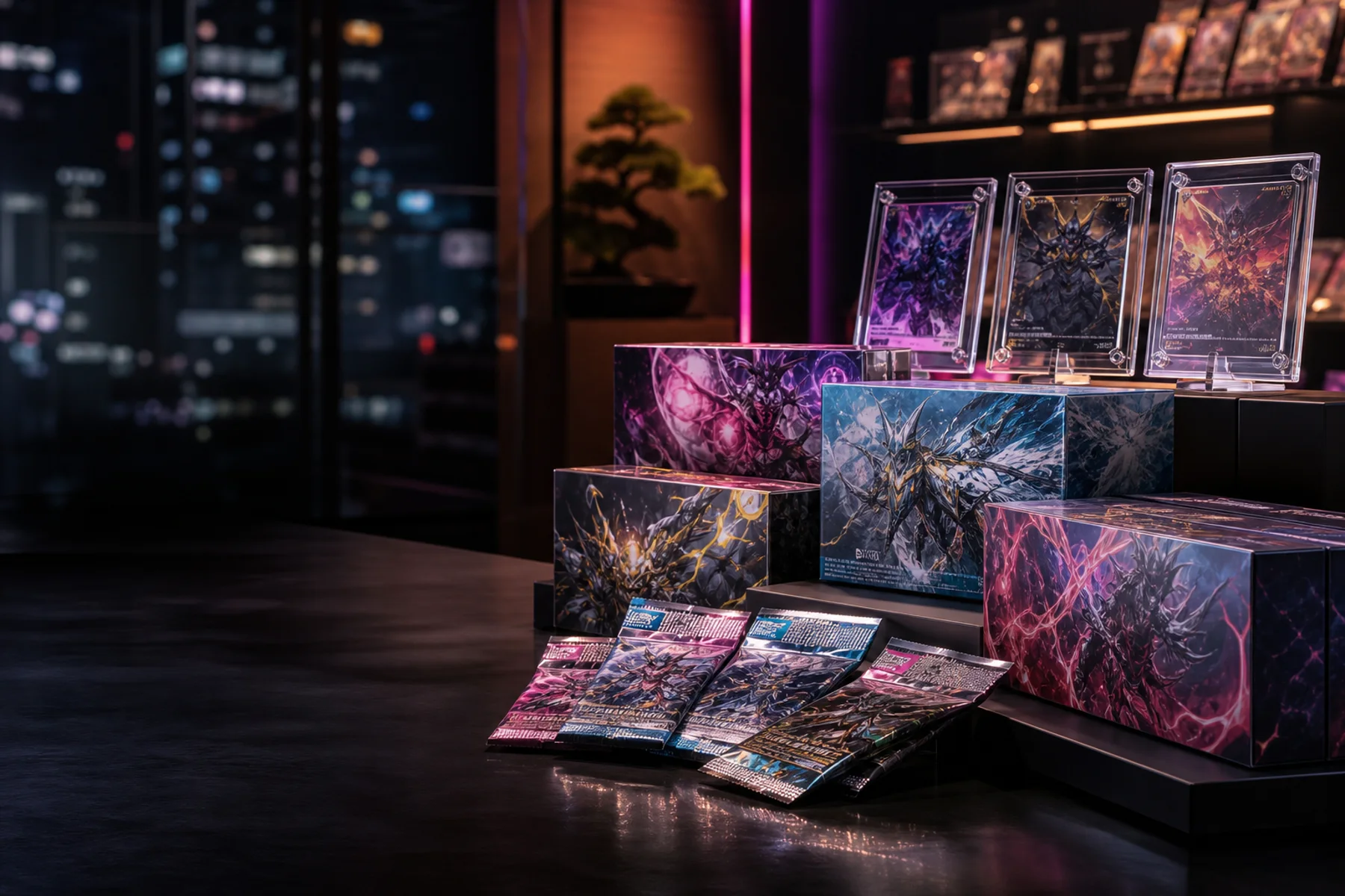 Japanese trading card boxes and collectible cards displayed in a Tokyo card studio